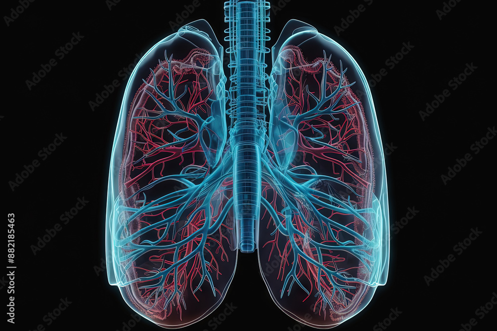 Poster Artificial implant science concept with technological AI lungs on the circuit board.