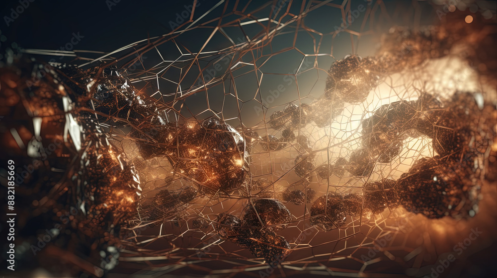 Poster Abstract burst of wires and particles on technology background. Scientific abstraction with mess of microscopic connections.