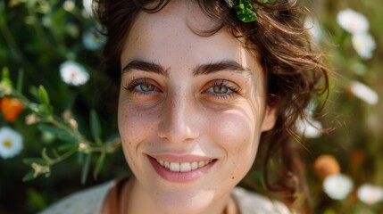 Woman With Curly Hair Smiles in a Garden With White Flowers