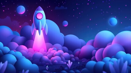 Obraz premium colorful digital illustration of a rocket in a surreal landscape
