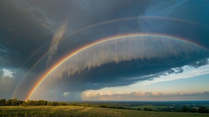 A breathtaking double rainbow arcs across a serene countryside, with dramatic skies and a lush green field, perfectly capturing post storm tranquility