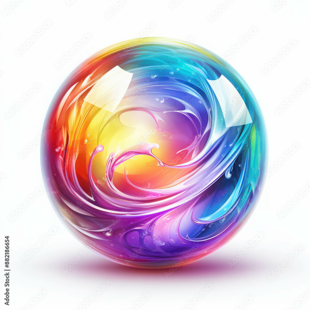 Poster a vibrant and dynamic abstract swirl sphere featuring a brilliant array of bright rainbow hues and l