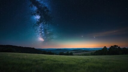 Fototapeta premium A beautiful starry night sky with the Milky Way over a tranquil field, perfect for themes of serenity, nature, and stargazing under vast open skies