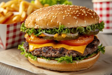 Delicious cheeseburger lying on paper next to french fries
