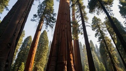 Fototapeta premium Majestic towering redwood trees in a serene forest with sunlight filtering through, perfect for nature photography, hiking, and outdoor adventures