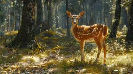 young deer standing in the woods in the sun