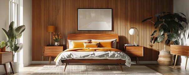 Mid-century bedroom with an empty wall plaque.