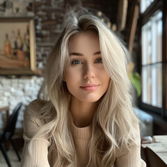 A close-up of a woman exuding natural beauty with minimal makeup, highlighting her relaxed pose and stylish look