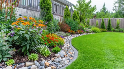 beautiful backyard garden with a stone border and colorful flowers