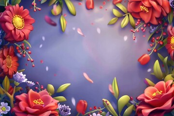 Detailed floral frame with red and purple flowers and green leaves on a purple background