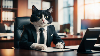 Black and white cat, wearing black suit and tie, sits at desk in office. Working on document, tablet and other office supplies on desk