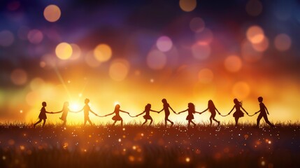 Fototapeta premium Silhouetted children holding hands in field at sunset, bokeh lights.