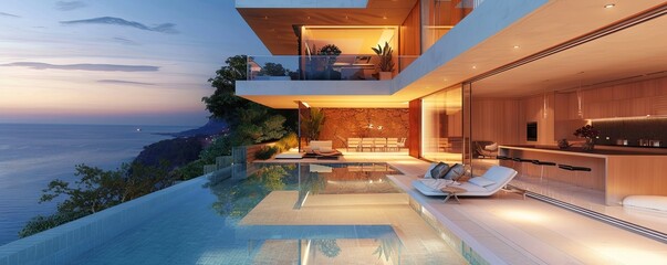 Fototapeta premium Modern villa with a minimalist interior and sleek pool.