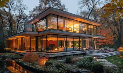 Modernist glass home with sleek features.