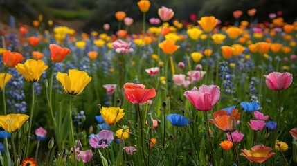 Fototapeta premium field of colorful flowers with a green background