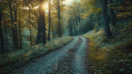 Fototapeta premium dirt road in the woods with the sun shining through the trees