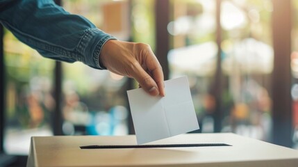 Hand putting vote in ballot box at polling station during voting. Election Democracy freedom concept
