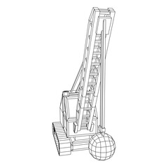 Wrecking ball excavator, demolition crane machine. Wireframe low poly mesh vector illustration