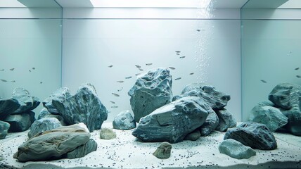 aquarium that achieves a minimalist aesthetic through the precise arrangement of rocks,