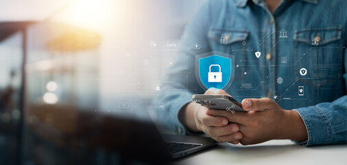cyber security concept Data protection, businessman using laptop and smartphone Security encryption protect important data on internet technology network with cloud computing, business and finance.
