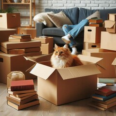 Fototapeta premium Moving to a new apartment. A red cat in the paper box. Generative ai.