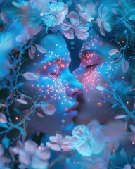 Neon Blossoms: Futuristic Couple Embraced by Holographic Flowers in Electric Blue and Pink - Sci-fi Digital Art Escapade