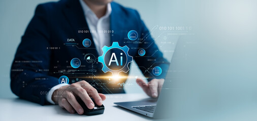 Business people use artificial intelligence AI technology to search the world for business and...