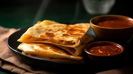 Roti canai with flaky flatbread served with spicy curry
