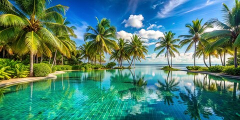 Fototapeta premium Tropical Paradise Palm Trees Reflecting in Pool, Photography, Tropical Landscape, Swimming Pool, Vacation , palm trees, tropical