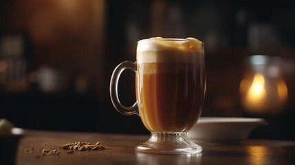 Teh Tarik in a glass mug with frothy pulled tea poured