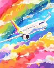 Obraz premium Happy Flight: Cheerful Airplane Soaring over Rainbow Clouds in Bright Digital Illustration - Nursery Art Full of Adventure