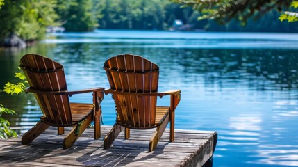 Relaxation Spot: Adirondack Chairs Positioned on Wooden Dock Overlooking Blue Lake