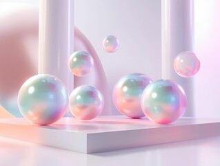 abstract 3d render of iridescent spheres and geometric shapes floating in a minimalist white space creating a sense of harmony and balance