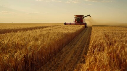 Fototapeta premium A combine harvester drives through a wheat field, harvests.