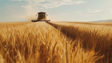 Fototapeta premium A combine harvester drives through a wheat field, harvests.
