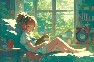 Sunlit Room with Tea and Cat - LoFi Girl Enjoying Playtime by the Window. Anime style, Cozy vibes