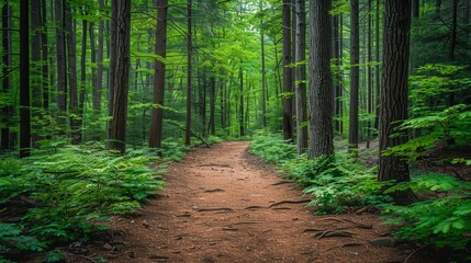 Obraz premium trail in the woods with lots of trees and ferns