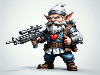 Obraz premium A tough-looking gnome warrior holds a rifle in one hand and gives a thumbs up with the other.