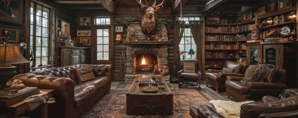 Rustic hunting lodge with vintage decor.