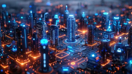 Futuristic cityscape with glowing lights, showcasing modern smart city infrastructure at night, highlighting advanced technology and urban design.