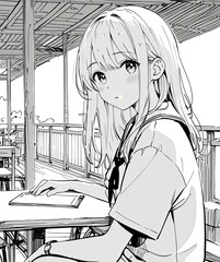 Coloring picture of a young woman  black and white line drawing  anime style.