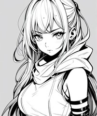 Coloring picture of a young woman  black and white line drawing  anime style.
