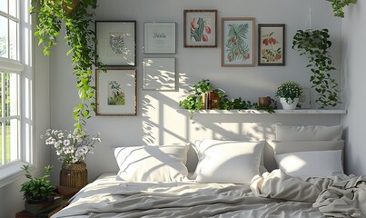 Scandinavian bedroom with an empty picture ledge.