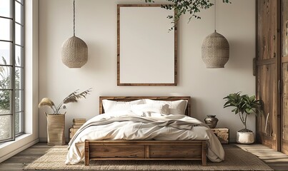 Scandinavian bedroom with an empty photo hanger.