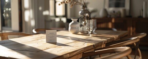 Scandinavian dining room with an empty place card holder.