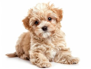 adorable maltipoo puppy with fluffy fur playful pose against clean white background soft lighting enhances cute features and teddy bearlike appearance