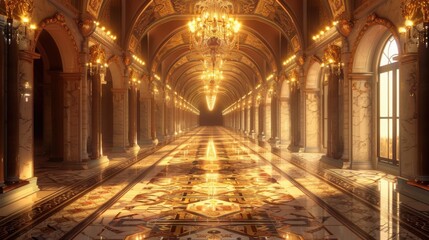 Obraz premium Opulent Symmetry: Grand Hallway with Glowing Chandeliers and Intricate Mosaic Floors Bathed in Golden Light