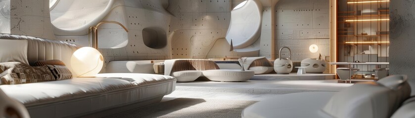 Interior of a futuristic home with a large curved sofa, and a large round window. The room is decorated in a minimalist style with white walls and furniture.