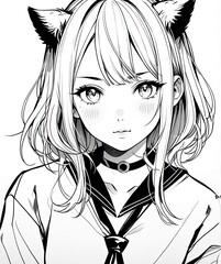 Coloring picture of a young woman  black and white line drawing  anime style.