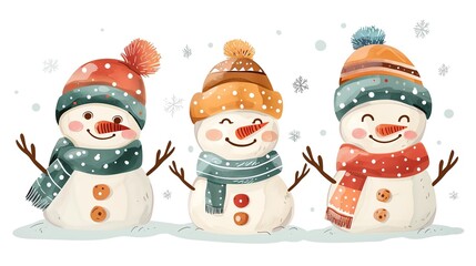 Three cute snowmen wearing winter hats and scarves, watercolor illustration